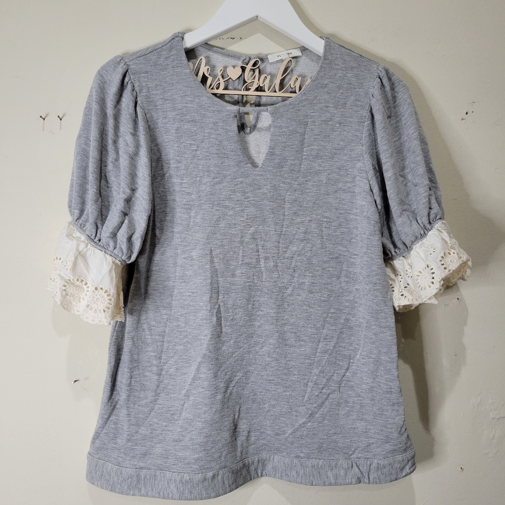 {3/$20} Pleione Gray Top with Ruffle Sleeves